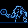 Continuous line man raises dumbbell neon concept