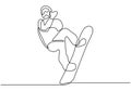 Continuous one single line drawing of winter sport of snowboarding. A man on the snowboard jumping freestyle. Vector minimalism Royalty Free Stock Photo