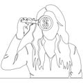 Continuous line drawing woman observing a dollar sign with a magnifying glass. Financial study, observation concept