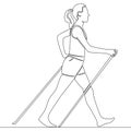 Continuous line drawing Woman walks on foot with walking sticks. Nordic walking icon vector illustration concept