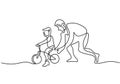 Continuous one single line drawing of young father help his son learning to ride a bicycle in the field together. Happy parenting