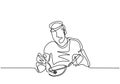 Continuous one single line morning, breakfast, meal character at the table. Man eating with happy and smile, minimalism abstract