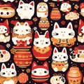 Charm of Prosperity: A Vibrant Dance of Maneki-Neko and Symbols Royalty Free Stock Photo