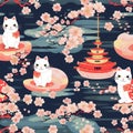 Charm of Prosperity: A Vibrant Dance of Maneki-Neko and Symbols Royalty Free Stock Photo