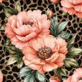 A continuous pattern combining leopard print and flowers, with watercolor floral and animal elements Royalty Free Stock Photo