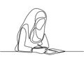 Continuous single drawn hijab girl reading and writing with her pen and book. Young muslimah woman learns hand drawn picture