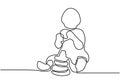 Continuous single drawn one line baby eating biscuits. The child eats his own. Baby holds food with his hands. Happy eating baby.