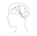 Continuous single drawn one line brain hand-drawn. Hand drawn man head with brain and bulb line art with active stroke. Creative Royalty Free Stock Photo