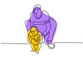 Continuous single drawn one line father holding baby. Father teaches the kid to walk. Caring his child. Family time concept