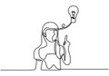Continuous single drawn one line hand pointing a light bulb. Young girl thinking and finding solution. Idea and creativity symbol
