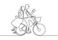 continuous single drawn one line of loving couple. People riding bicycles hand-drawn picture silhouette