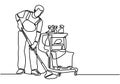 Continuous single drawn one line male cleaner washes the floor. Man cleaning the floor using mop. Cleaning service concept.