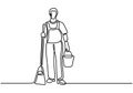 Continuous single drawn one line man cleaner while holding broom and bucket. Male cleaning floor office. Cleaning service Royalty Free Stock Photo