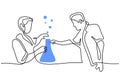 Continuous single drawn one line scientist researcher professor and a student doing experiment in laboratory. The concept of