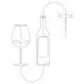 Continuous single drawn one line set of a bottle of wine, a glass and a corkscrew. Hand-drawn picture of a silhouettes Royalty Free Stock Photo