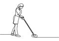 Continuous single drawn one line woman doing cleaning. Young female cleaning the floor using mop. Woman housewife cleans. The Royalty Free Stock Photo