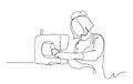 Continuous single drawn one line woman sews behind the sewing machine hand-drawn picture silhouette. Line art. Woman Sewing