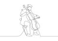 A continuous single drawn single line of a musician is played by a cellist man.