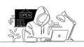Continuous single line drawing of computer hacker stereotype, line art vector illustration Royalty Free Stock Photo