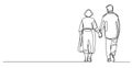 single line drawing of elderly couple walking hand in hand Royalty Free Stock Photo