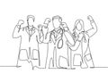 Continuous single line drawing of group of male doctor and female doctor celebrating their successful cure a patient. Medical