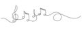 continuous single line drawing of music notes and treble clef