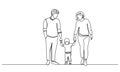 single line drawing of parents walking with child in middle