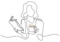 Continuous single line drawing of young businesswoman sitting on the sofa while reading book and holding a cup of coffee drink. Royalty Free Stock Photo