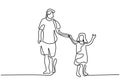 Continuous single line drawing of young daddy holding his daughter and walking together at the street. Happy Father`s Day theme