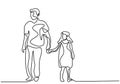 Continuous single line drawing of young daddy holding his daughter and walking together at the street. Happy Father`s Day theme