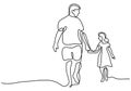 Continuous single line drawing of young daddy holding his daughter and walking together at the street. Happy Father`s Day theme