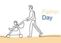 Continuous single line drawing of young happy father pushing baby trolley isolated on white background. Young father on a walk