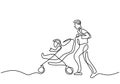 Continuous single line drawing of young happy father pushing baby trolley isolated on white background. Young father on a walk