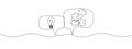 Continuous single-line lamp drawing, puzzles in speech bubbles. Teamwork concepts, strategies in minimal linear style. Vector