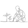 Continuous single one line art drawing of man people planting and farming seed plan tree vector illustration Royalty Free Stock Photo