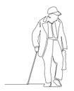 Continuous single unmarked one line old retired hand drawn picture silhouette. Line art. Old man walking with a cane Royalty Free Stock Photo