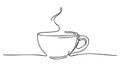 Continuous thin line coffee cup with smoke vector illustration, minimalist sketch doodle for cafe.