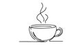 Continuous thin line coffee cup with smoke vector illustration, minimalist sketch doodle for cafe.