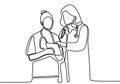 Continuous vector line drawing of doctor and nurse. Doctors discuss with nurses about the patient`s medical history. Character