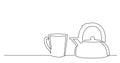 Continuous line drawing of mug of tea and kettle