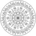 Contour antistress mandala with a floral motif in the center and droplets in a circle, round coloring page from repeating abstract