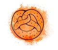 Contour bavarian pretzel treat on watercolor splashes. Baking bun with sprinkles. German food at Oktoberfest. Vector outline