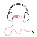 Contour black headphones with cord and red word Music. Flat design. White background.