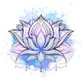 Contour boho illustration of lotus with watercolor splashes. Water lily flower with tribal pattern. Delicate sketch tattoo.