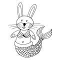 Contour. Bunny mermaid. Marine theme icon in hand draw style. Icon, badge, sticker, print for clothes