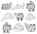 Contour camels, desert and hills in cartoon tribal styles