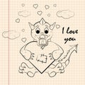 Contour childrens illustration little dragon hugs heart with I love you drawn on a notebook in the box