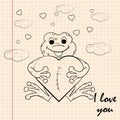 Contour childrens illustration little frog hugs heart with I love you drawn on a notebook in the box