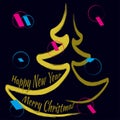 Contour Christmas tree brush gold color on black background. Golden text Happy New Year, Merry Christmas. Contrasting pink and