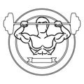 contour circular border with muscle man lifting a disc weights and label Royalty Free Stock Photo